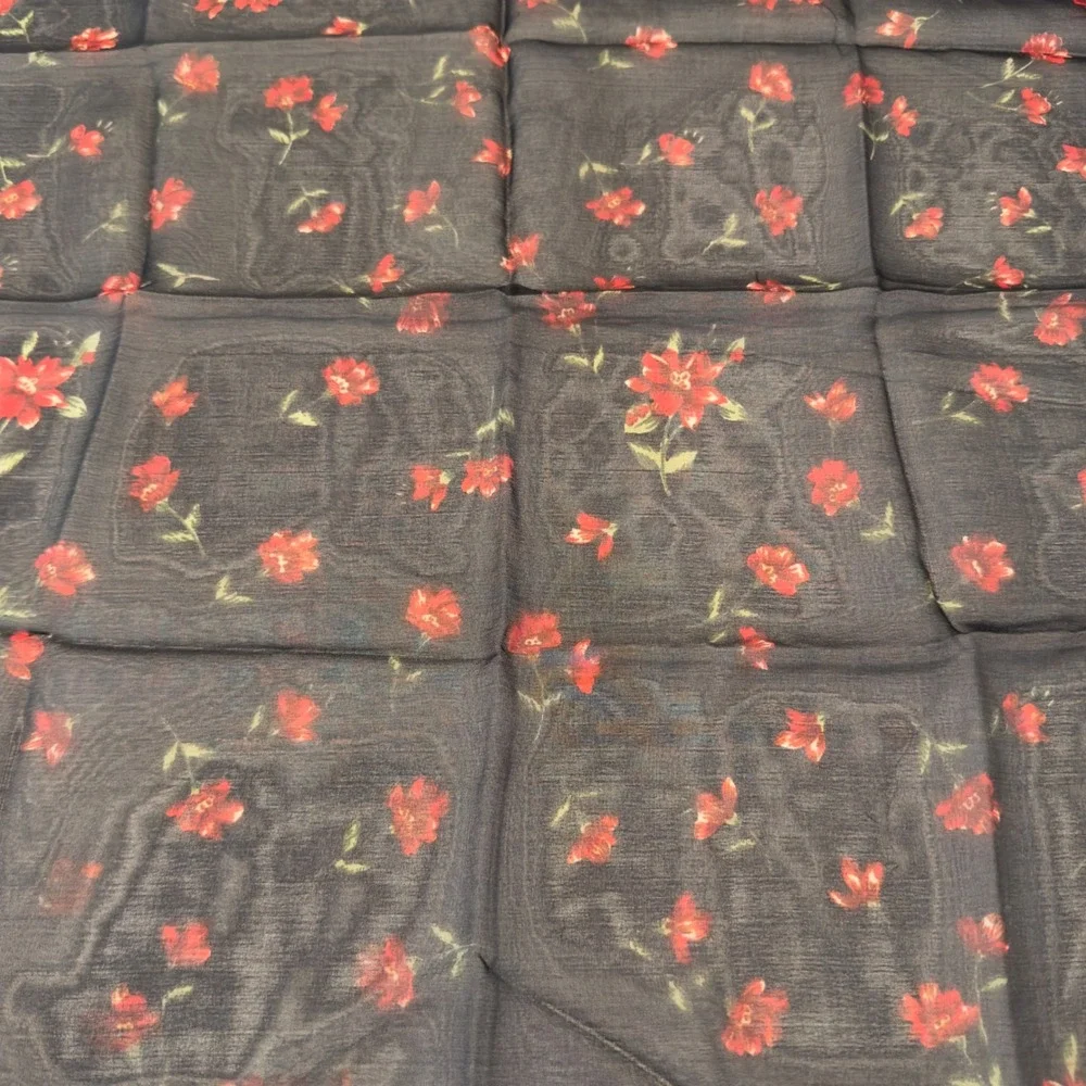 Floral Sheer Square Scarf Black Red Rose Print Lightweight India Cottagecore VTG